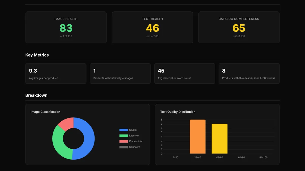 The report for the demo store: scores, key numbers, image mix, text quality.