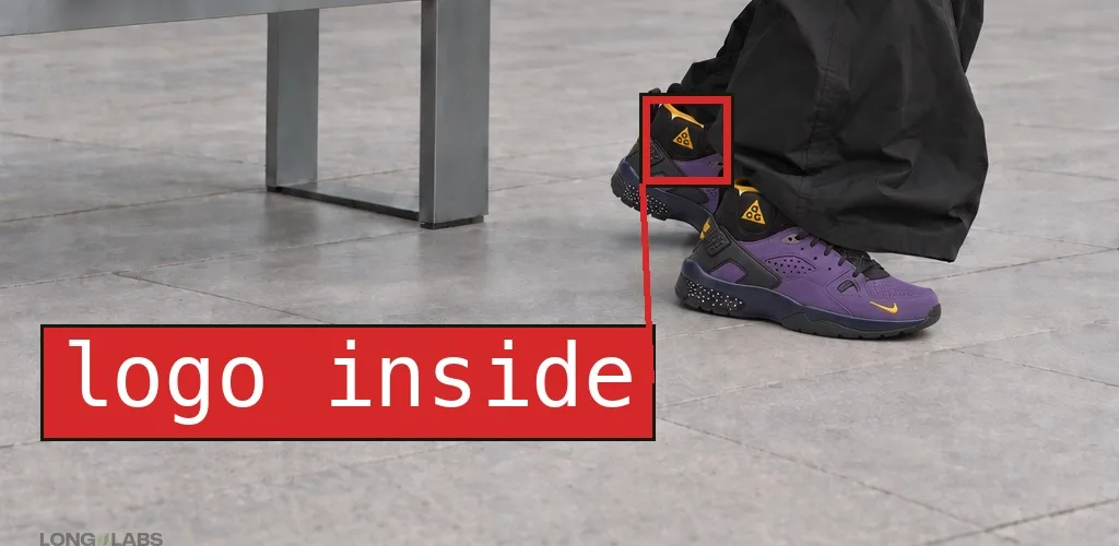 Generated photo of feet in purple and black sneakers next to a metal bench on light stone tiles. A red box marks the triangle logo on the back shoe, labelled logo inside.