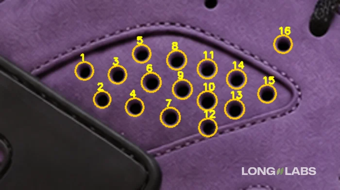 Close crop of a purple suede side panel with 16 holes, each circled in yellow and numbered 1 to 16; 15 sit inside the stitched panel in three rows, number 16 sits above it.